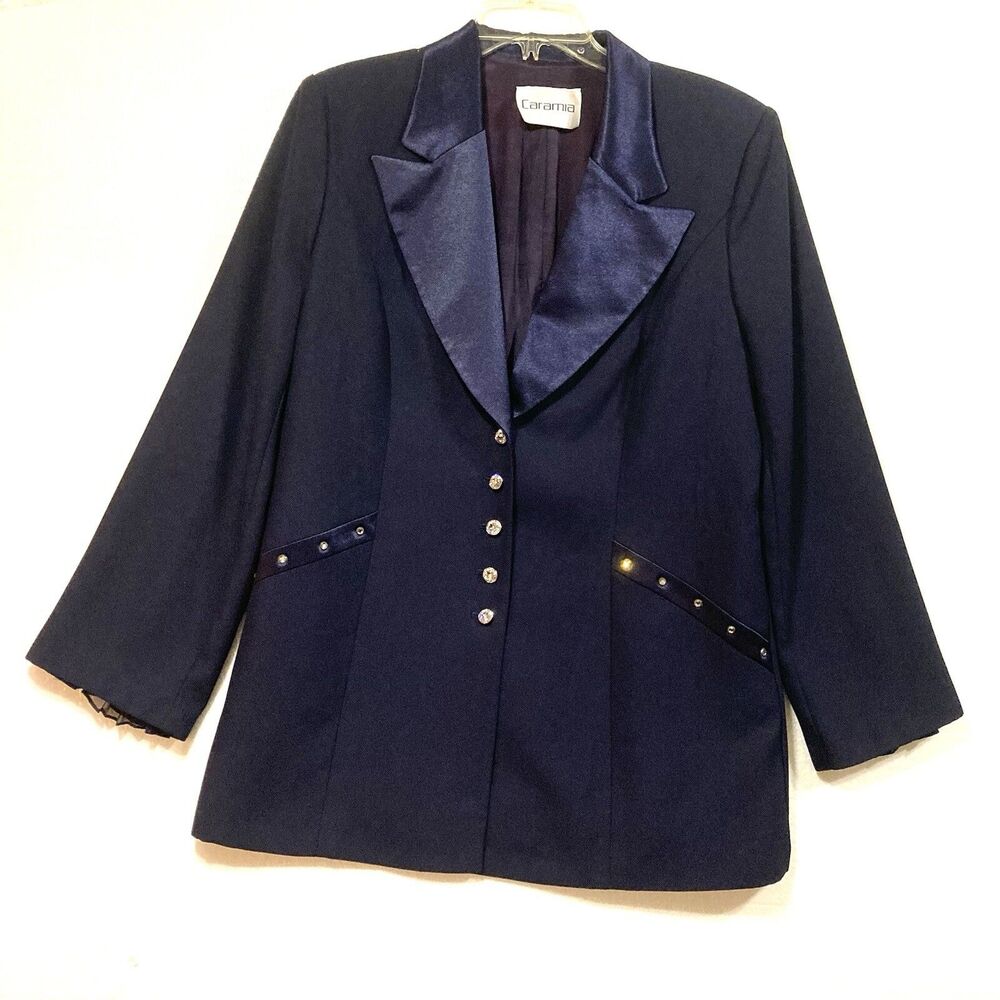 Vintage Caramia Womens Blazer Jacket L Navy Blue Rhinestone Buttons